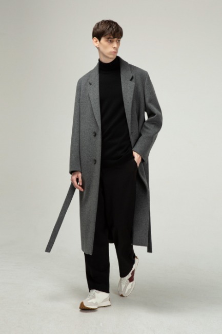 Dark grey cashmere belted single coat [HC30]